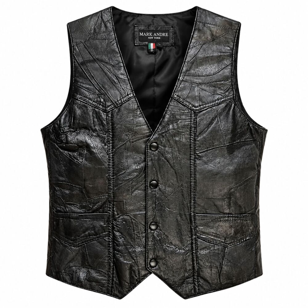 Vintage Large Black Patchwork Leather Biker Vest Lined Marc Andre Italian Stone